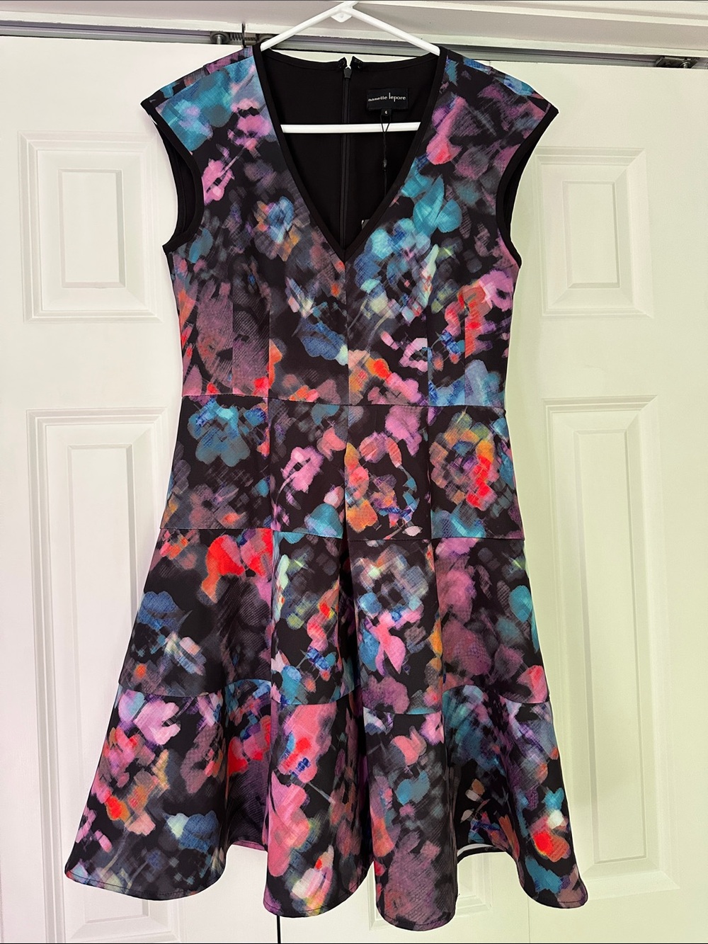 Nanette Lepore Black Multicolor Abstract Floral Fit-and-Flare Dress